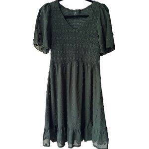 BTFBM Dark Green Mini Boho Smocked Floral Swiss Dot Short Sleeve Dress